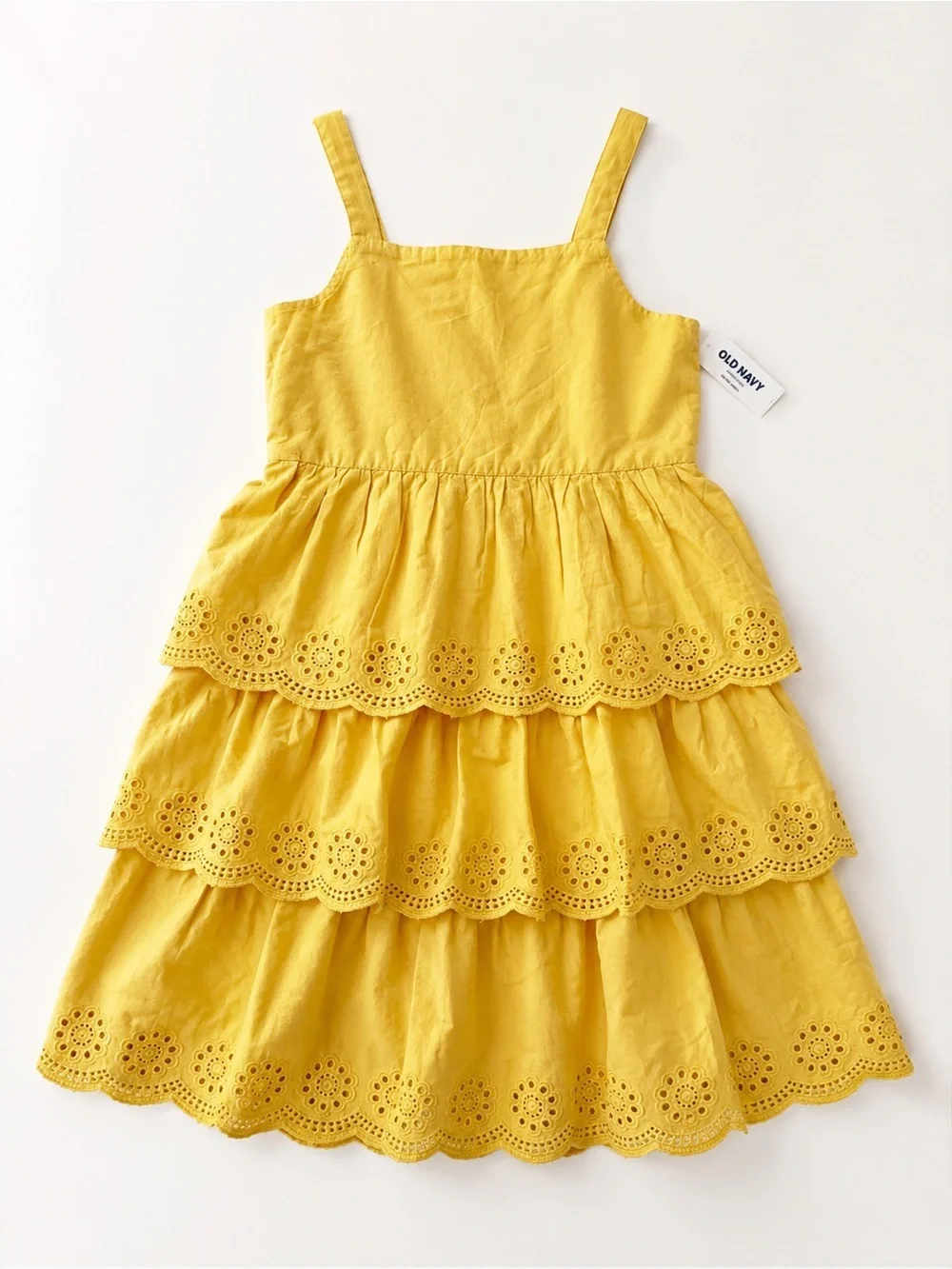 Old Navy Yellow Eyelet Tiered Dress Girls Size L 10-12 NWT